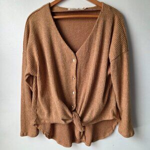 EUC LIBERTY LOVE RIBBED V NECK BUTTONED TIE FRONT SOFT SWEATER TOP SIZE LARGE